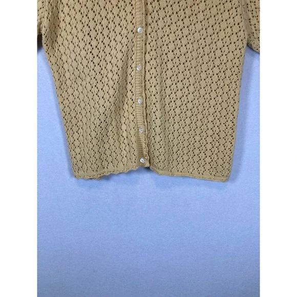Vintage Basic Editions Women Large Yellow Crochet Knit Short Sleeve Cardigan - Picture 5 of 8
